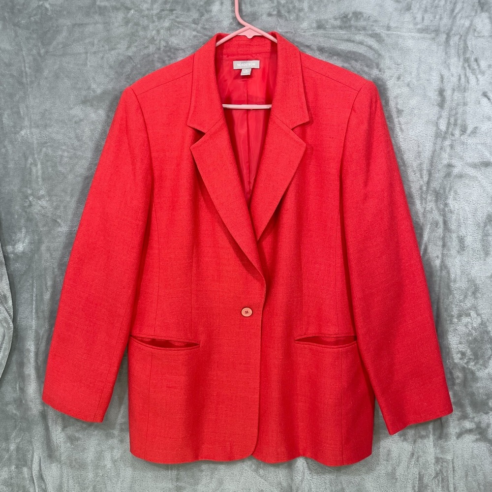 Nordstrom 100% Silk Textured Blazer Women's Size 16 Red Lined One Button Pockets